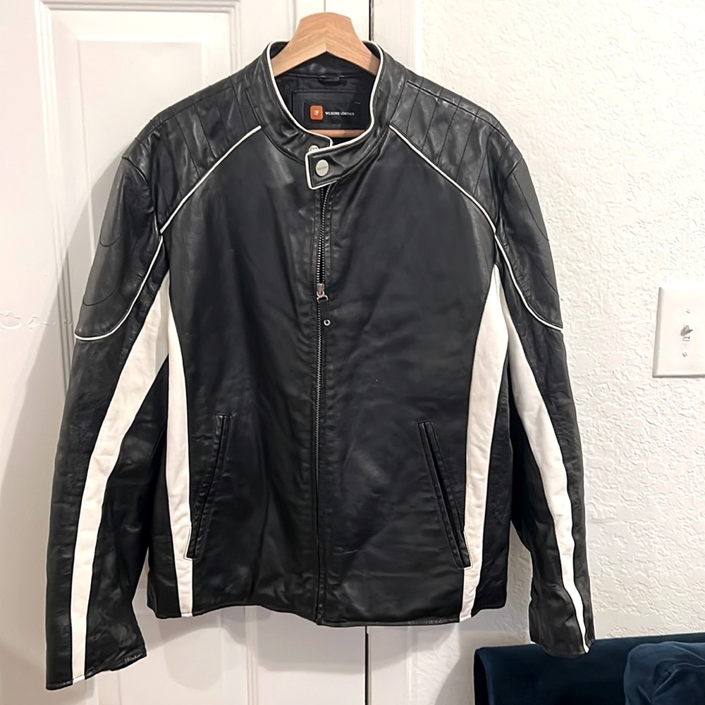 Wilsons Leather black and white biker jacket.